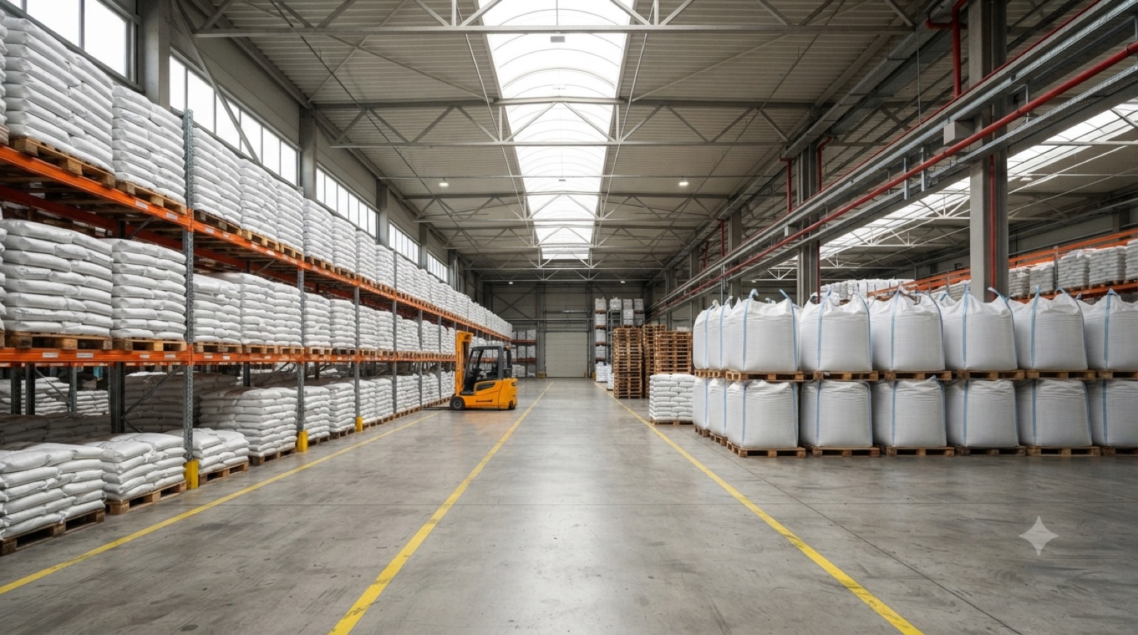 Warehouse with bagged activated carbon on pallets