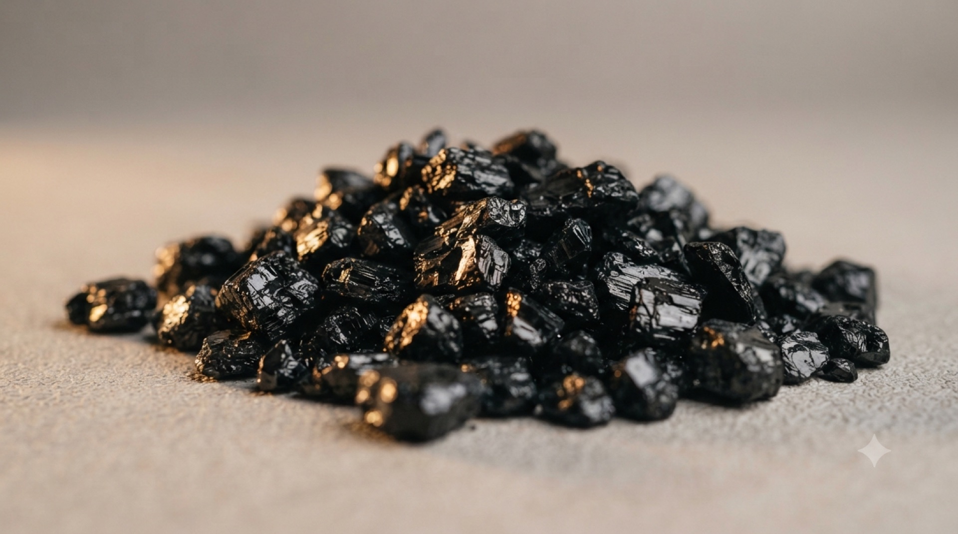 Glossy black activated carbon granules under amber light