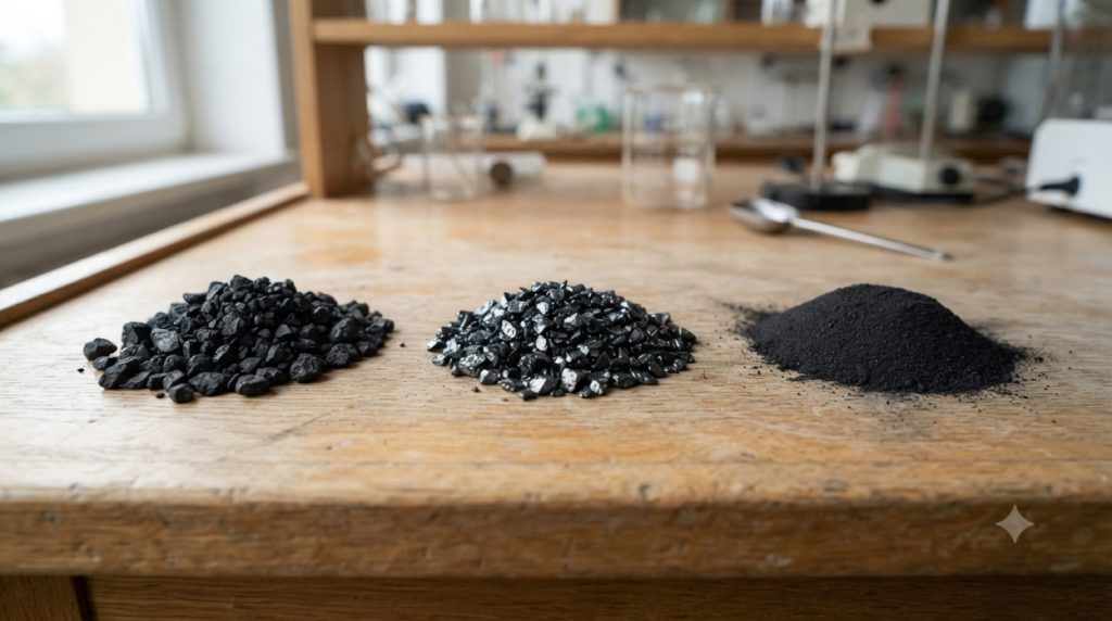 Coal, coconut and wood carbon piles side by side