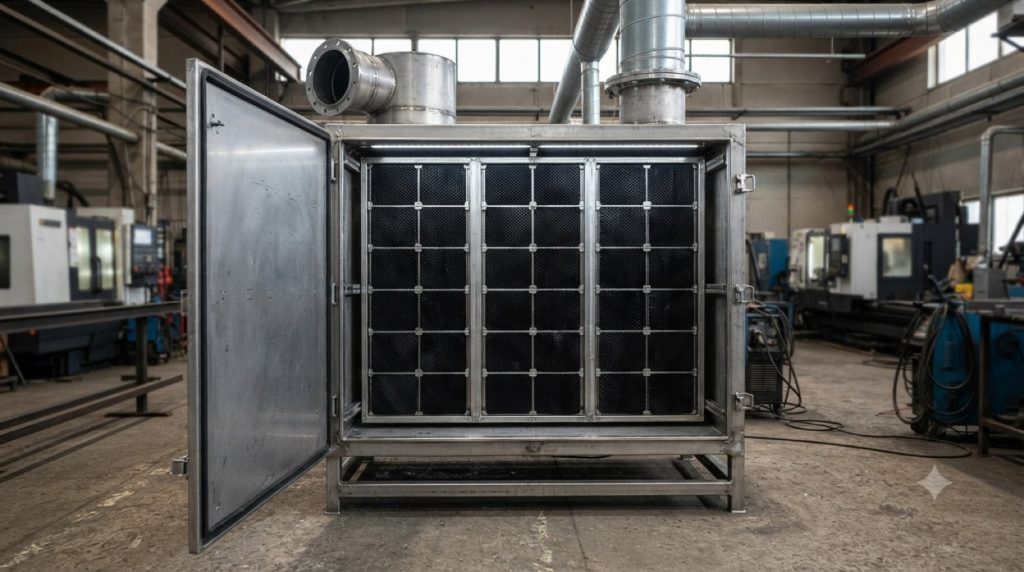 Honeycomb carbon blocks installed in an exhaust treatment cabinet